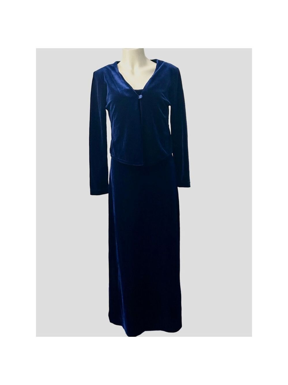 Jessica Howard Navy Blue Velvet Maxi Dress & Cropped Jacket Set Size 10/8